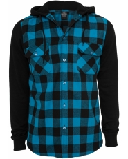 Hooded Checked Flanell Sweat Sleeve Shirt - Urban Classics - Black / Turquoise / Black
