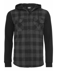 Hooded Checked Flanell Sweat Sleeve Shirt - Urban Classics - Black / Charcoal / Black